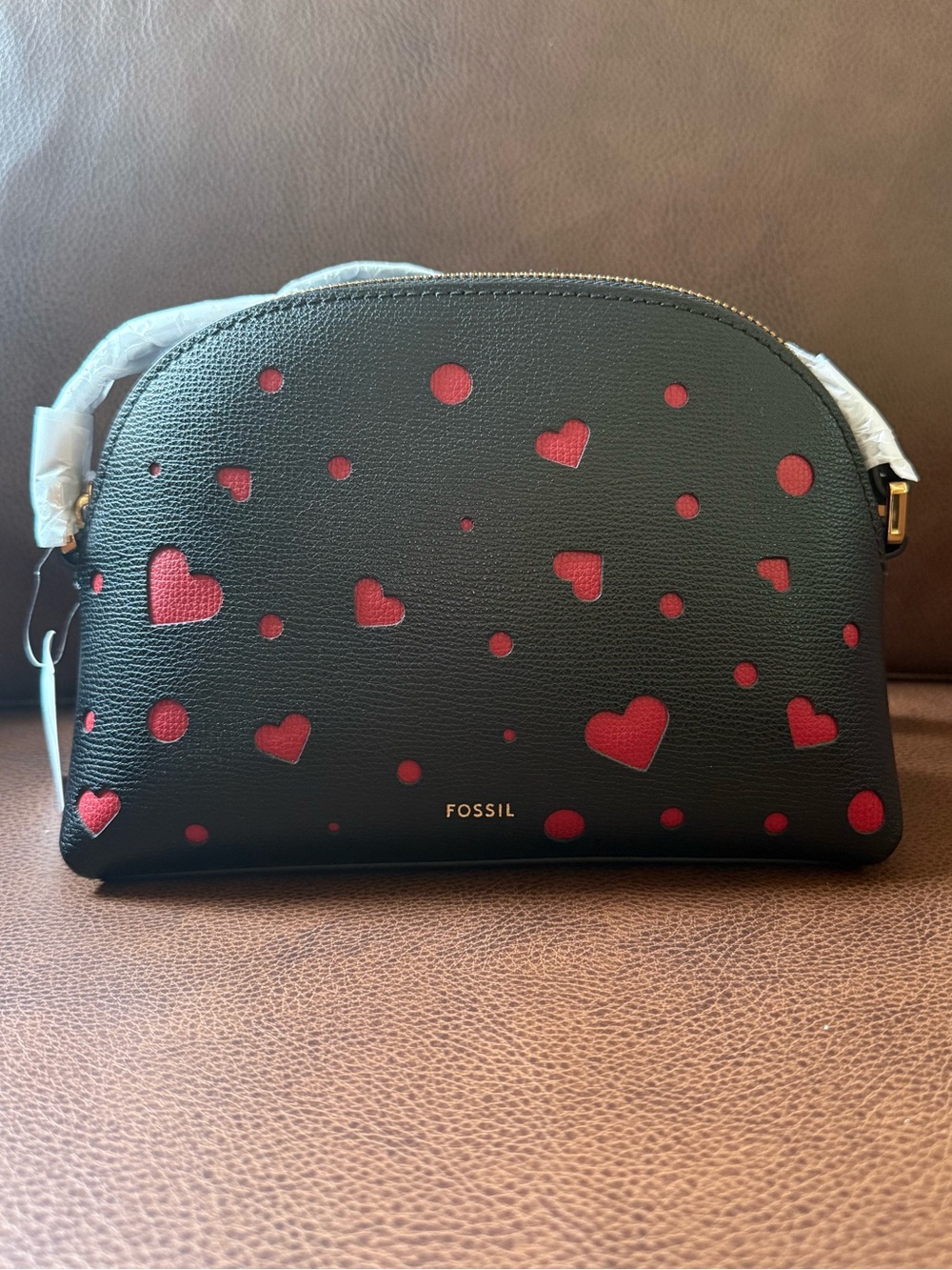 NWT - Fossil Leather Black with Red Hearts Crossbody Bag
